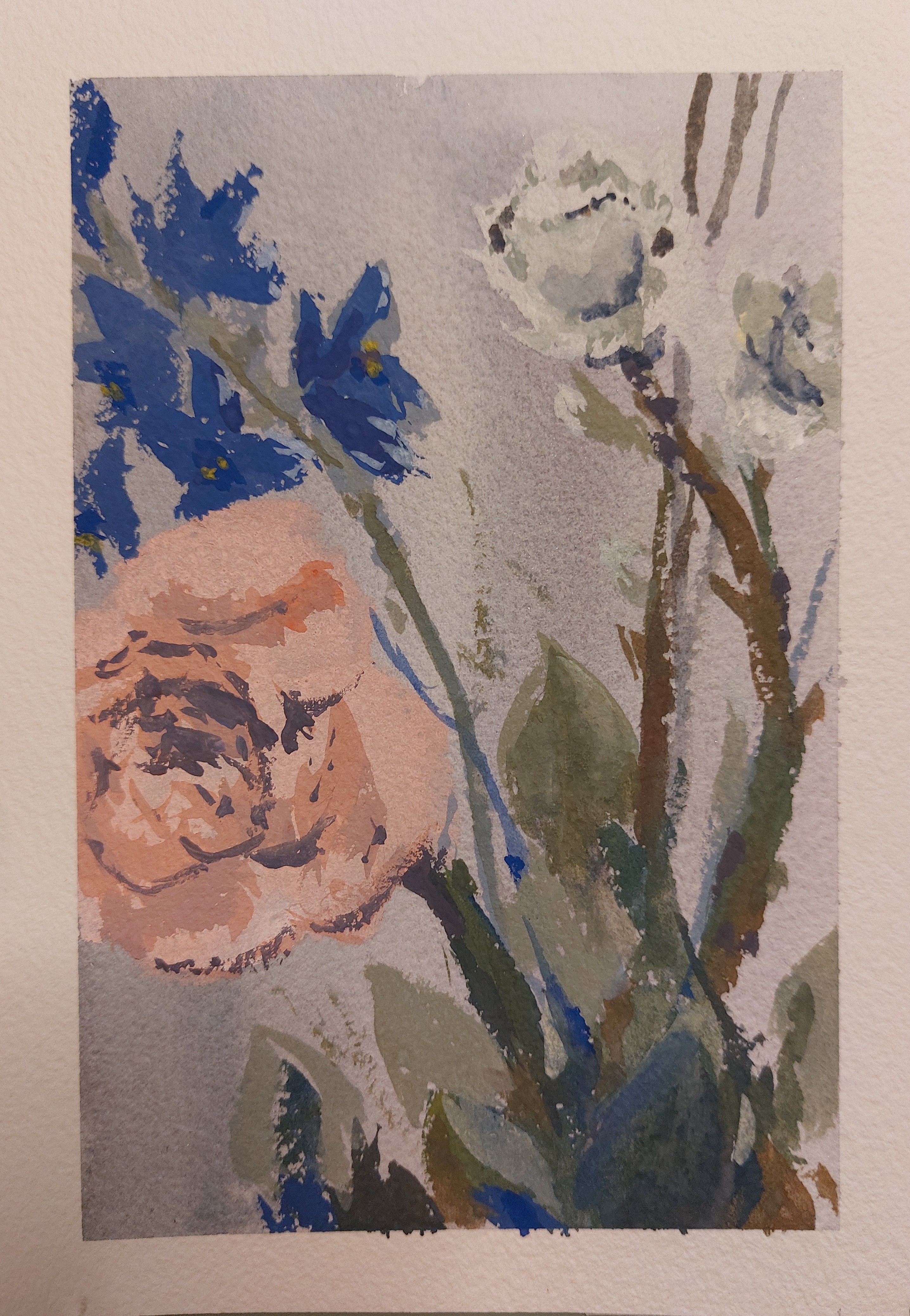 Image of a flower painting in pink, blue and olive green painted with gouache